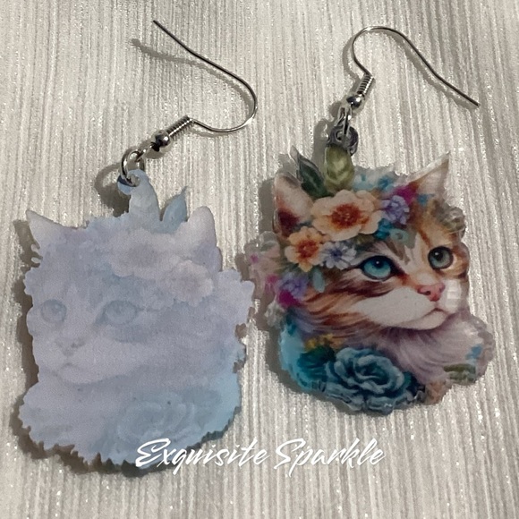 🌸😸Acrylic Hook Drop Beautiful Floral Cat Dangle Drop Earrings - Picture 8 of 10